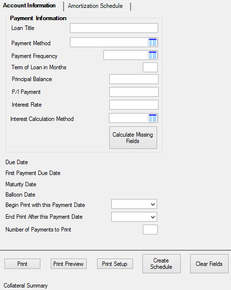 Loans > Account Information > Amortization Schedule Screen