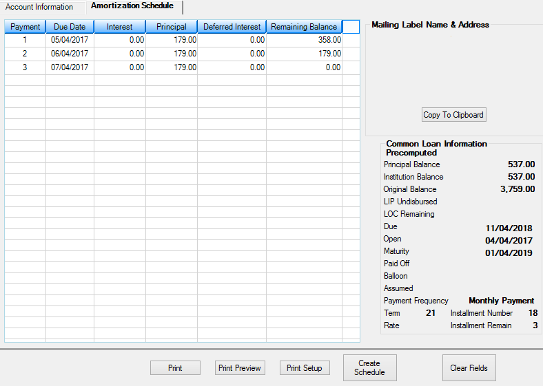 Loans > Account Information > Amortization Schedule Screen, Amortization Schedule Tab