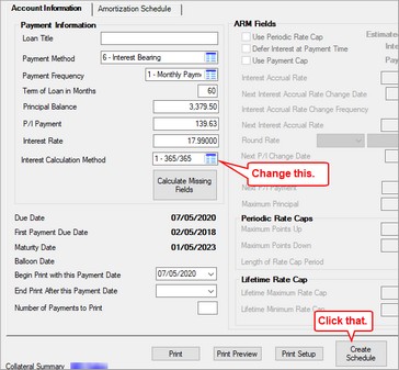 Loans > Account Information > Amortization Schedule Screen (click to expand)