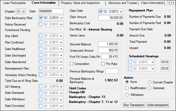 Loans > Bankruptcy and Foreclosure > Bankruptcy Screen > Case Information Tab