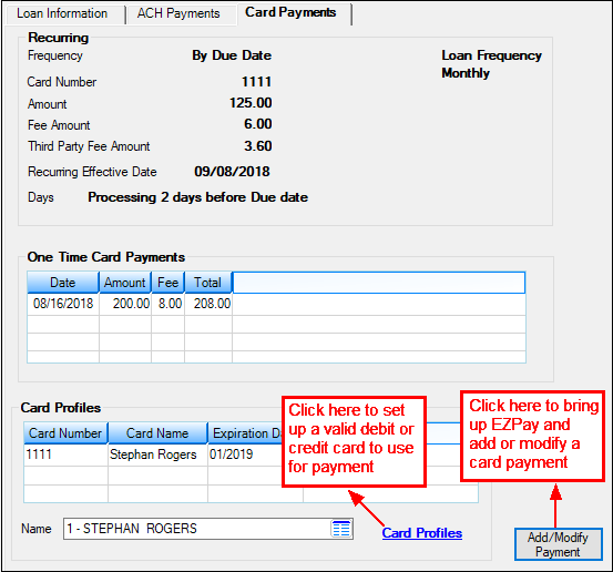 Loans > Account Information > Payment Information Screen > Card Payments Tab