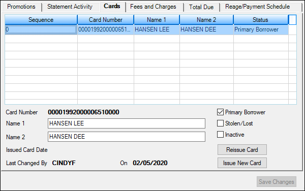 Loans > Cards and Promotions Screen > Cards Tab