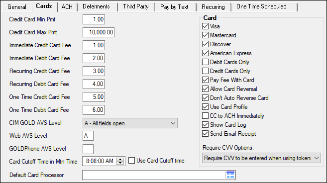 GOLDPoint Systems > EZPay IMAC Table > Cards tab