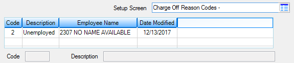 Loans > System Setup Screens > Charge Off Reason Codes