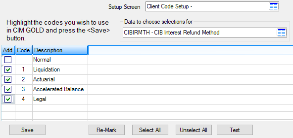 Loans > System Setup Screens > Client Code Setup > CIB Interest Refund Method Screen