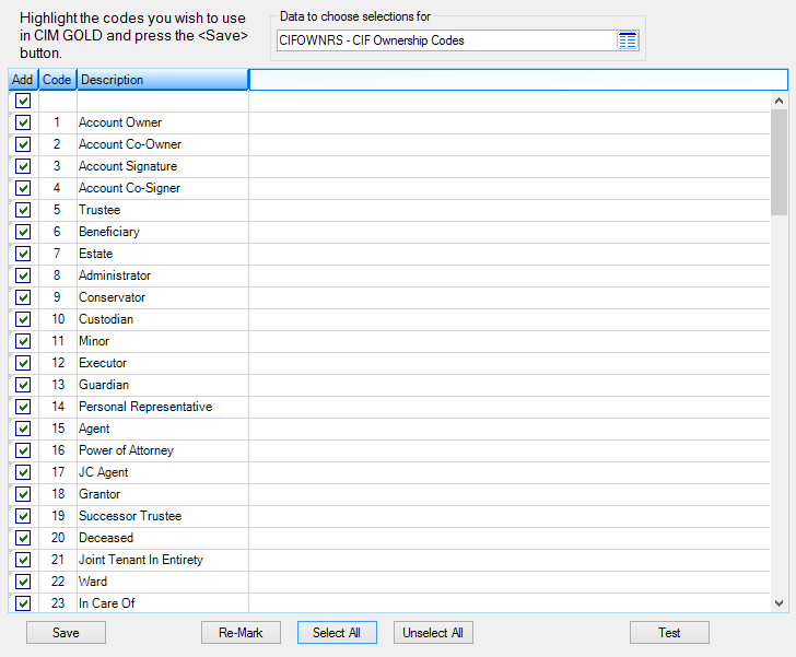 Loans > System Setup Screens > Client Code Setup > CIF Ownership Codes Screen