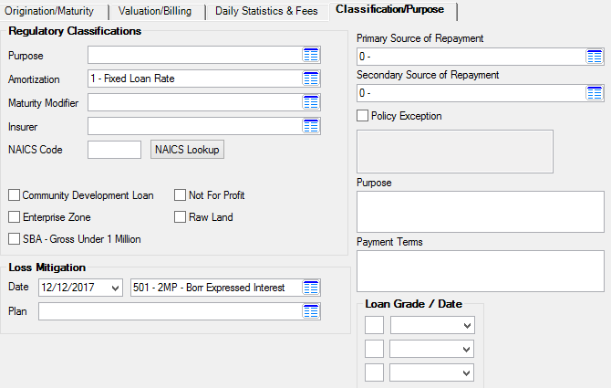 Loans > Account Information > Additional Loan Fields Screen, Classification/Purpose Tab