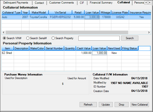 Loans > Marketing and Collections Screen > Collateral Tab