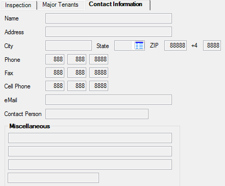 Loans > Commercial Loans > Property Inspection/Tenants Screen, Contact Information Tab