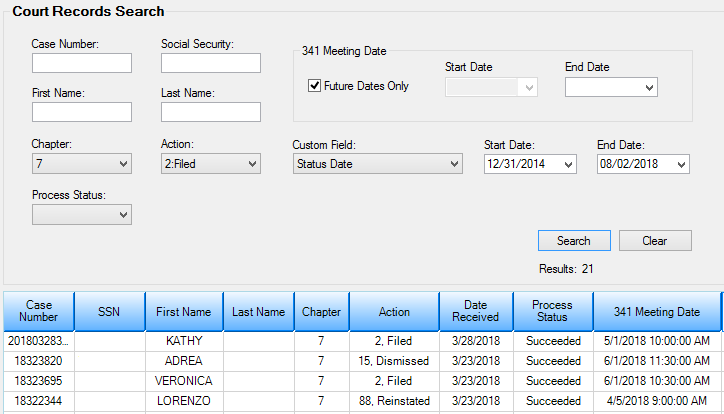 Loans > Bankruptcy and Foreclosure > Court Records Search Screen