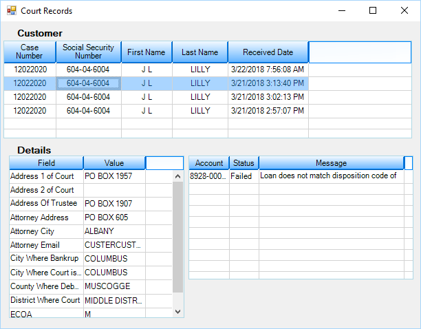 Loans > Bankruptcy and Foreclosure > Court Records Screen, then double-click a bankruptcy record in the list-view table to bring up this screen