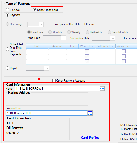 Loans > Transactions > EZPay Screen with Debit/Credit Method Selected