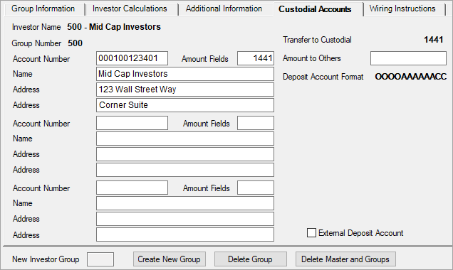 Loans > Investor Reporting > Investor Group Screen > Custodial Accounts Tab