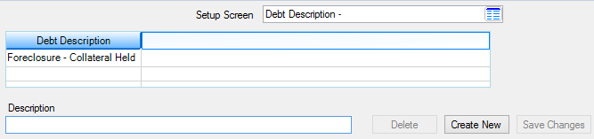 Loans > System Setup Screens > Debt Description Screen
