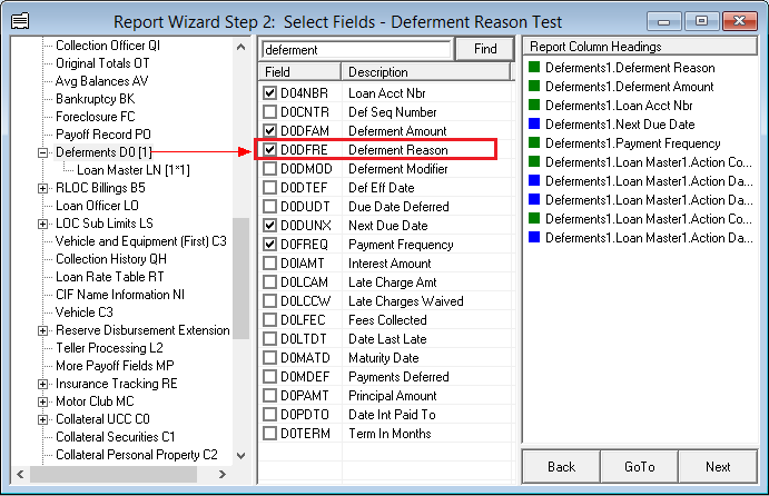 GOLDWriter Report Wizard Step 2 for Deferments other than CP2