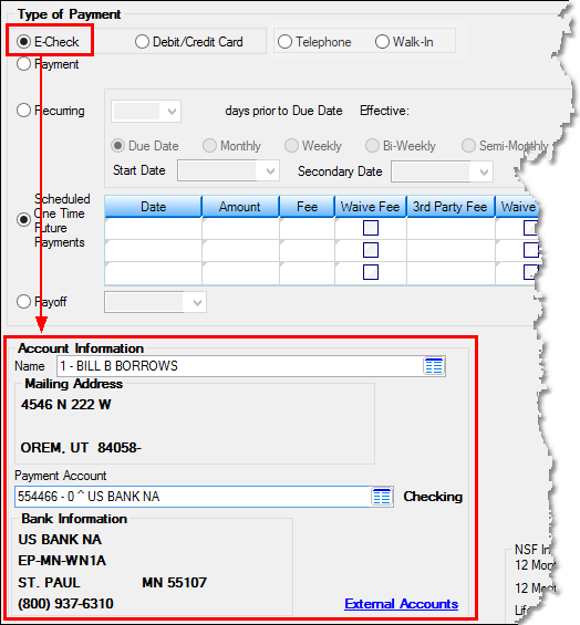 E-Check Payment on the Loans > Transactions > EZPay Screen