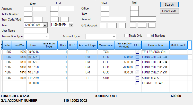 Teller > Electronic Transaction Journal Screen