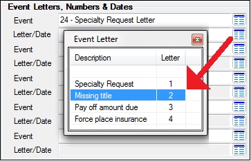 Loans > Account Information > Actions, Holds, and Event Letters Screen, Letter field