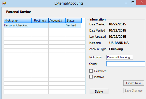 External Accounts Screen