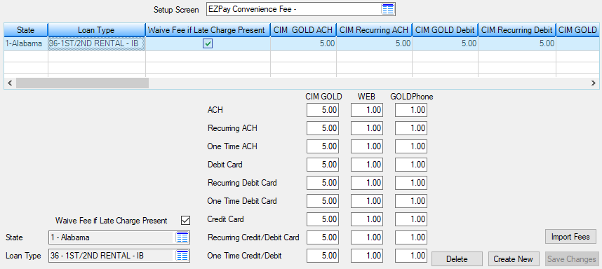 Loans > System Setup Screens > EZPay Convenience Fees Screen