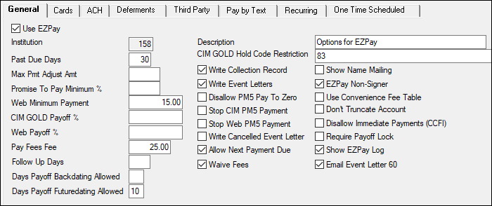 GOLDPoint Systems > EZPay IMAC Table > General Tab