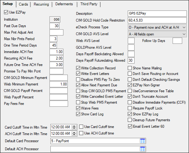 GOLDPoint Systems > EZPay IMAC Table > Setup Tab