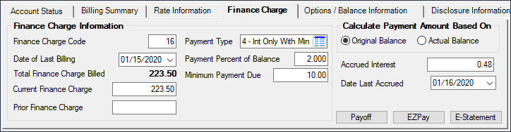 Loans > Cards and Promotions Screen > Finance Charge Tab