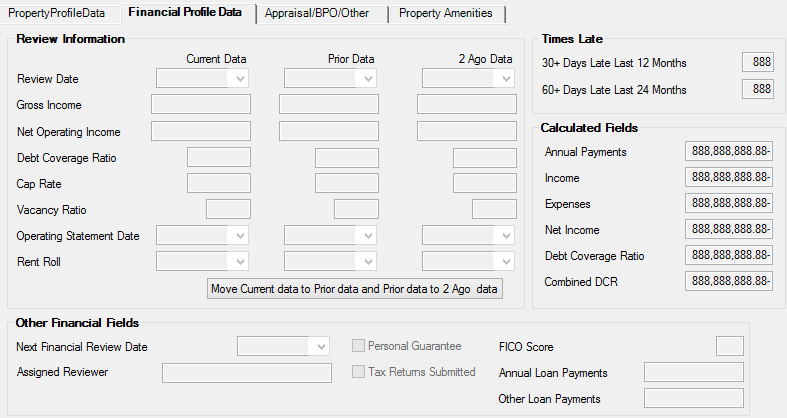 Loans > Commercial Loans > Property Management Screen, Financial Profile Data Tab