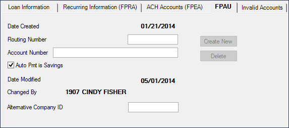 Loans > Account Information > Payment Information Screen, FPAU Tab