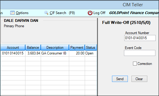 Write-off Transaction (tran code 2510-05) in CIM GOLDTeller