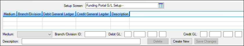 Loans > System Setup > Funding Portal G/L Setup Screen