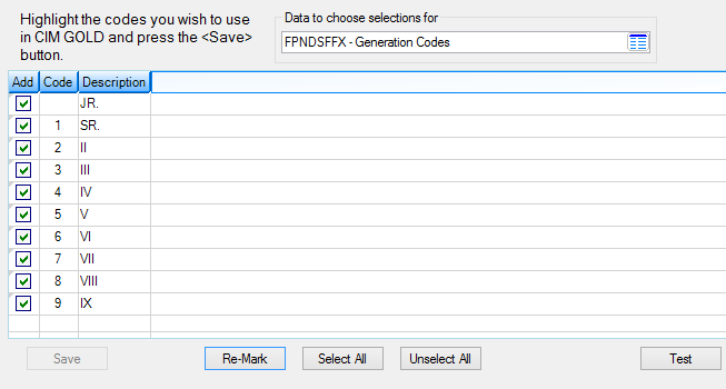 Loans > System Setup Screens > Client Code Setup > Generation Codes Screen