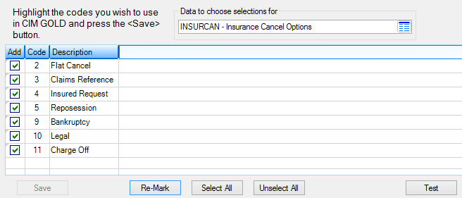 Loans > System Setup Screens > Client Code Setup > Insurance Cancel Options Screen