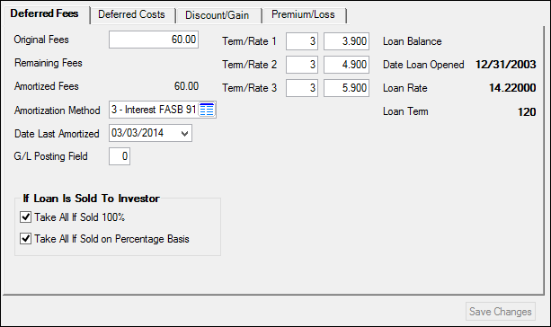 Loans > Account Information > Deferred Fees Screen
