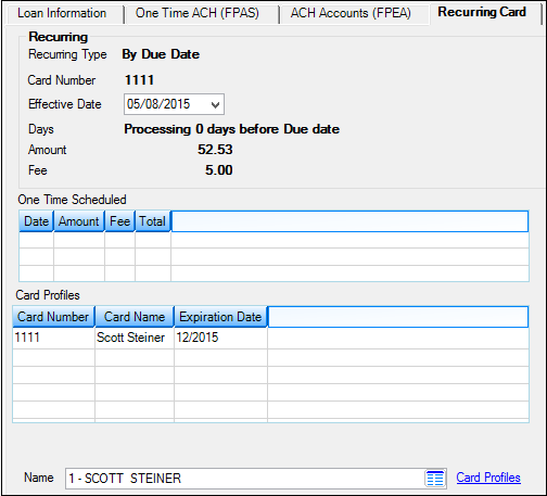 Loans > Account Information > Payment Information Screen > Recurring Card Tab