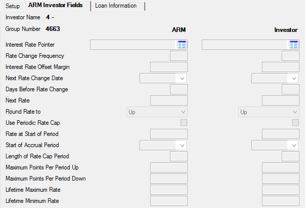 Loans > Investor Reporting > Sell Loan To Investor Screen, ARM Investor Fields tab