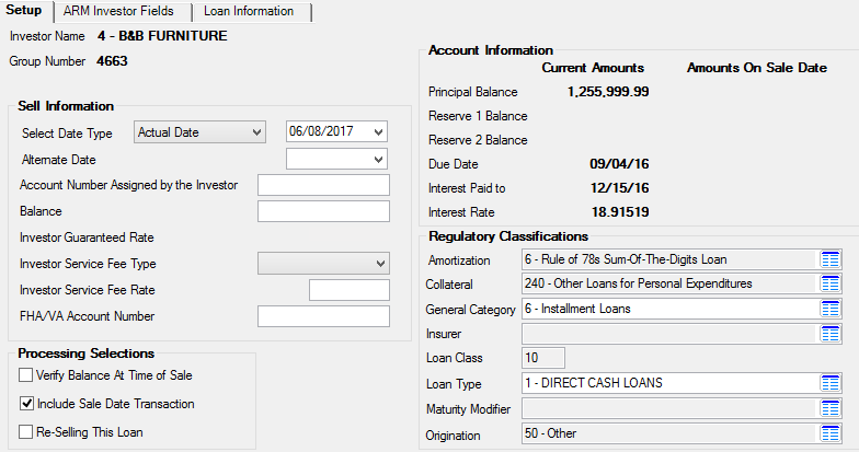 Loans > Investor Reporting > Sell Loan To Investor Screen, Setup Tab