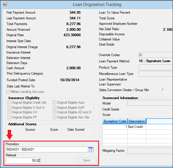 Loans > Account Information > Additional Loan Fields screen, then click <Show Origination>