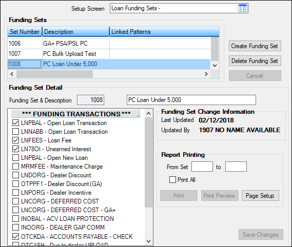 Loans > System Setup Screens > Loan Funding Sets Screen