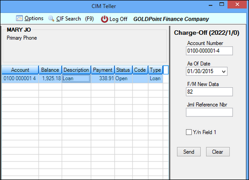 Charge-Off Transaction in CIM GOLDTeller