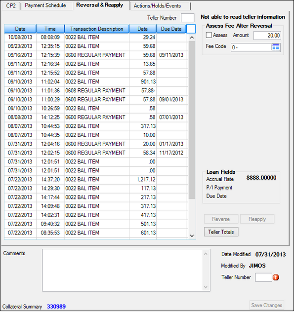 Loans > Transactions > CP2 Screen > Reversal & Reapply Tab