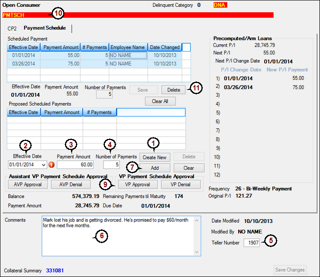 Loans > Transactions > CP2 Screen, Payment Schedule Tab