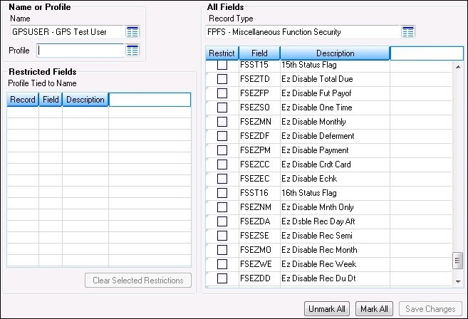 EZPay Fields in the Miscellaneous Function Security Fields List