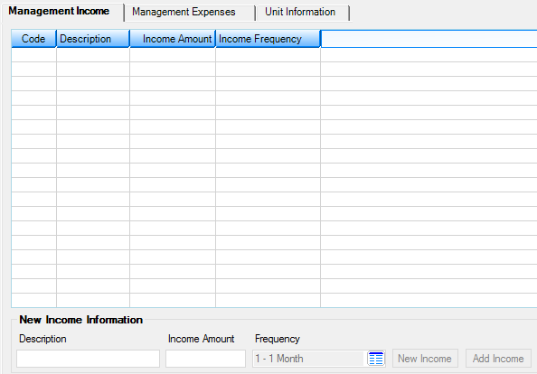 Loans > Commercial Loans > Property Income/Expenses/Units Screen, Management Income Tab