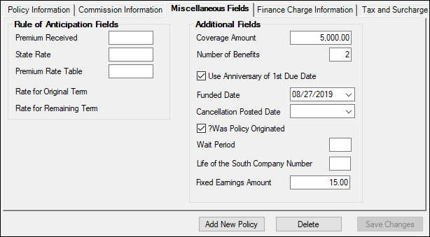 Loans > Insurance > Policy Detail Screen > Miscellaneous Fields Tab