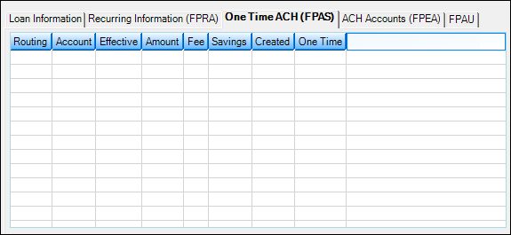 Loans > Account Information > Payment Information Screen, One Time ACH (FPAS) Tab