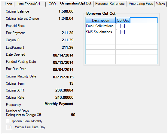 Loans > Account Information > Signature Loan Details Screen, Origination/Opt-Out Tab