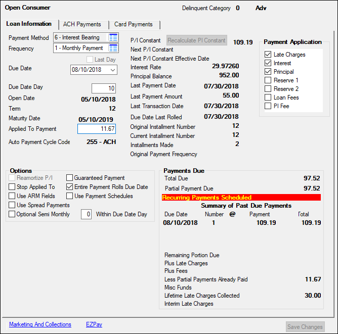 Loans > Account Information > Payment Information Screen