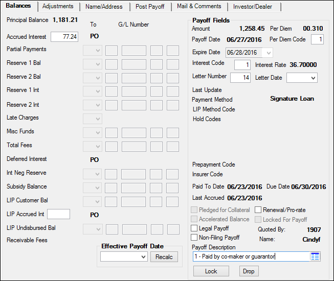 Loans > Payoff Screen, Balances Tab