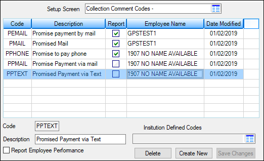 Loans > System Setup Screens > Collection Comment Codes